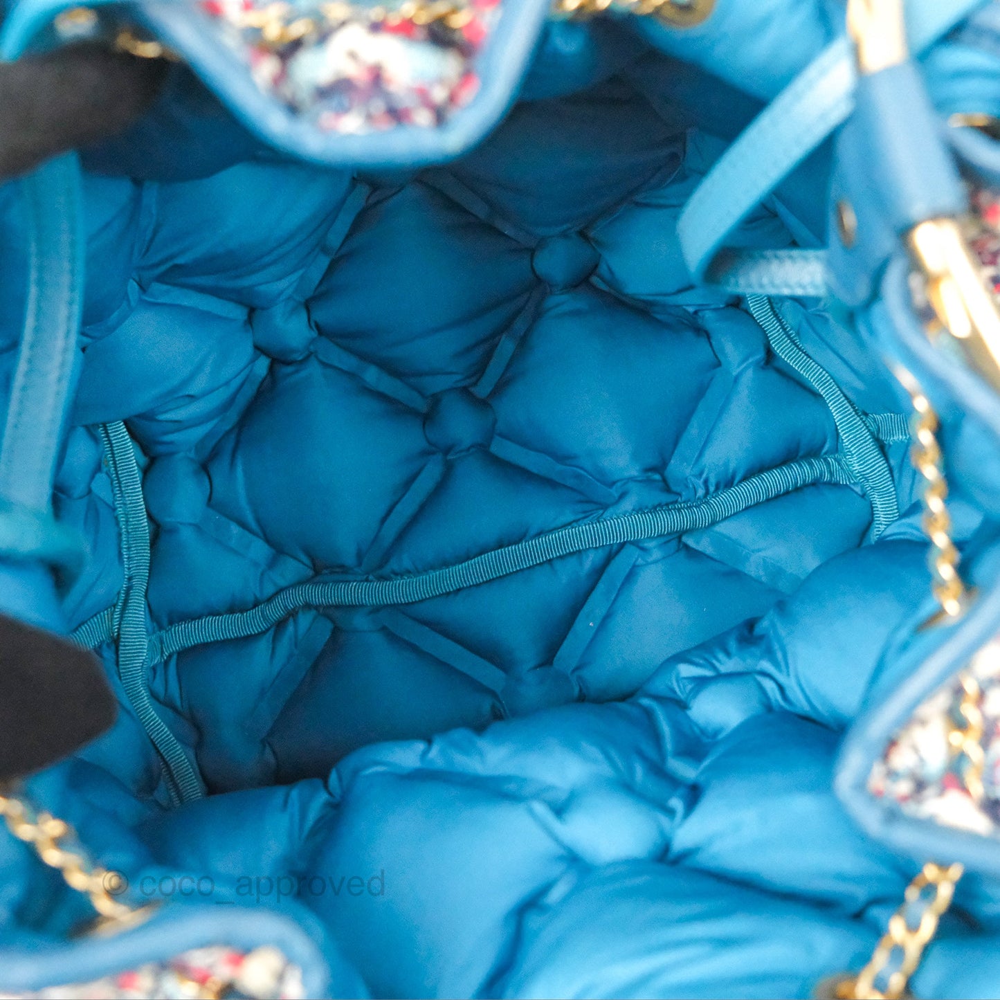 Chanel Cuba Chesterfield Tweed Drawstring Bucket Bag Blue Aged Gold Hardware 17C