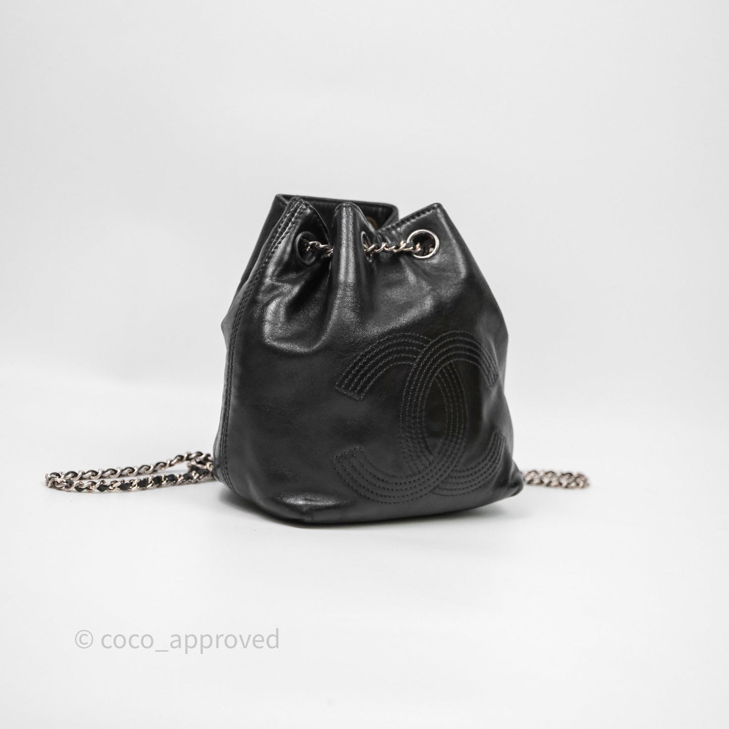 Chanel Vintage CC Drawstring Bag Black Calfskin Silver Hardware