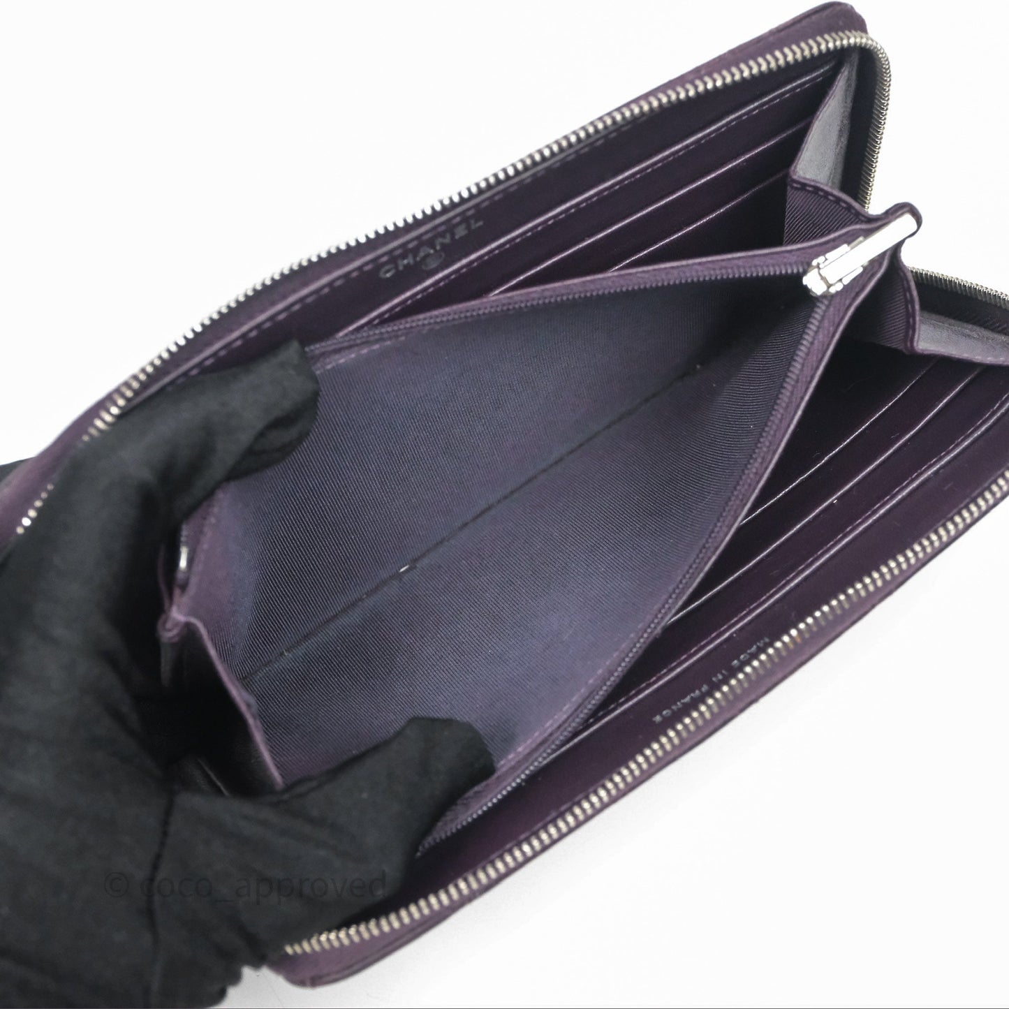 Chanel Classic Zipped Long Wallet Dark Purple Lambskin Silver Hardware