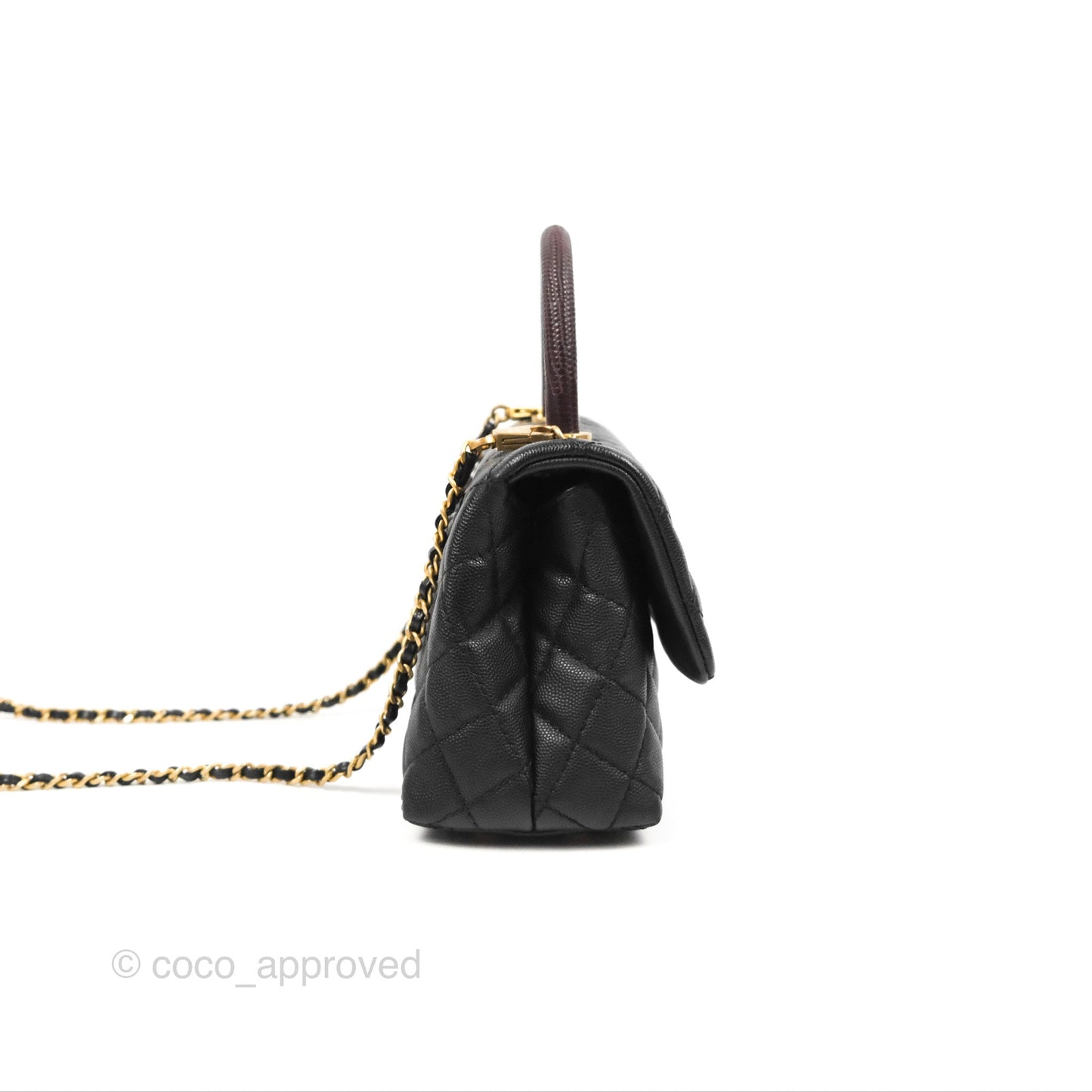 Chanel Small Coco Handle Quilted Black Caviar Aged Gold Hardware Lizard Handle