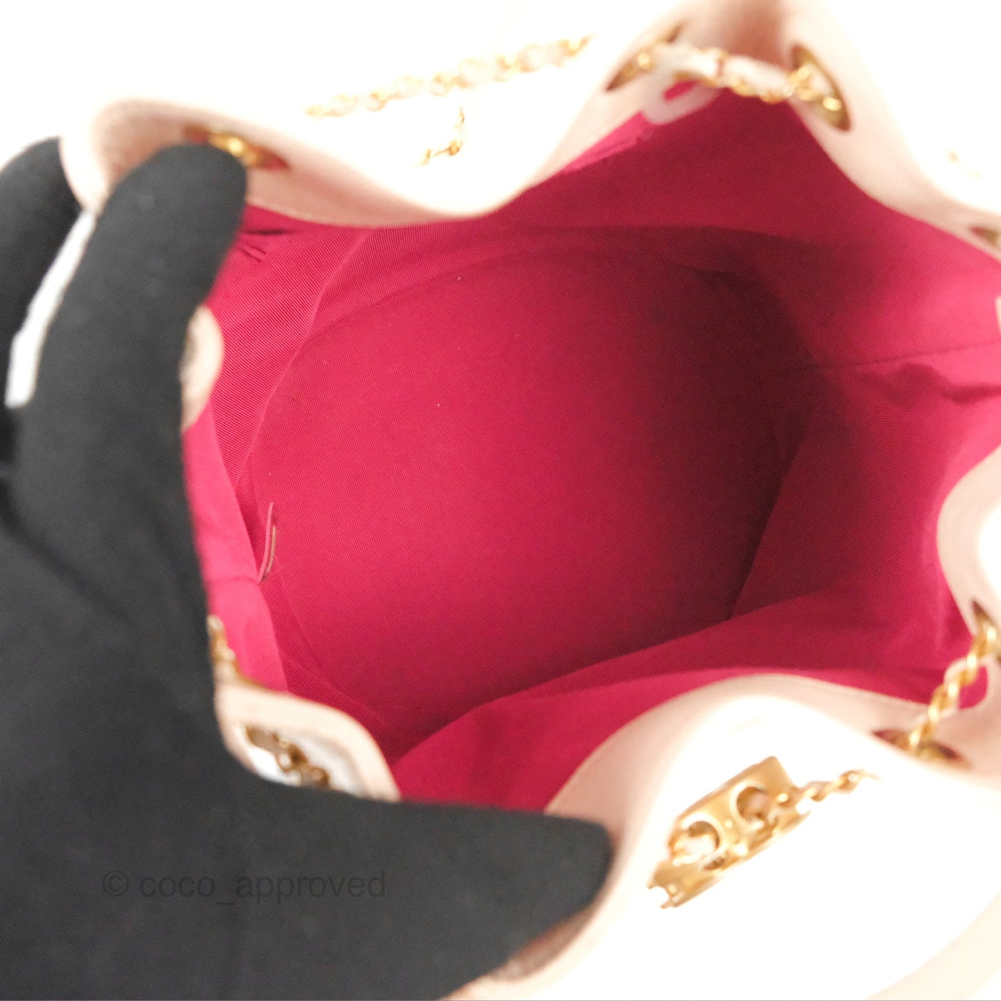 Chanel Quilted Top Handle Drawstring Bucket Bag Pink Caviar Aged Gold Hardware