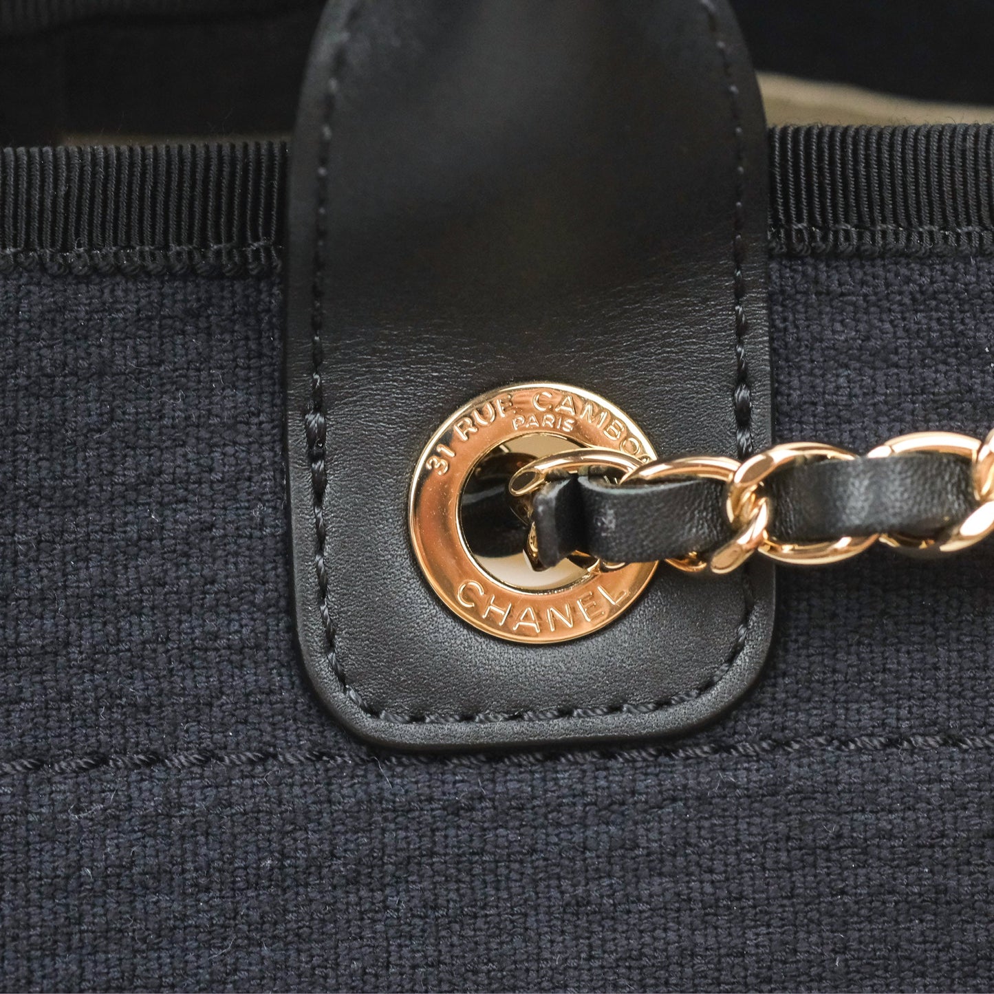 Chanel New Small Deauville Tote Dark Navy Cotton Raffia Logo