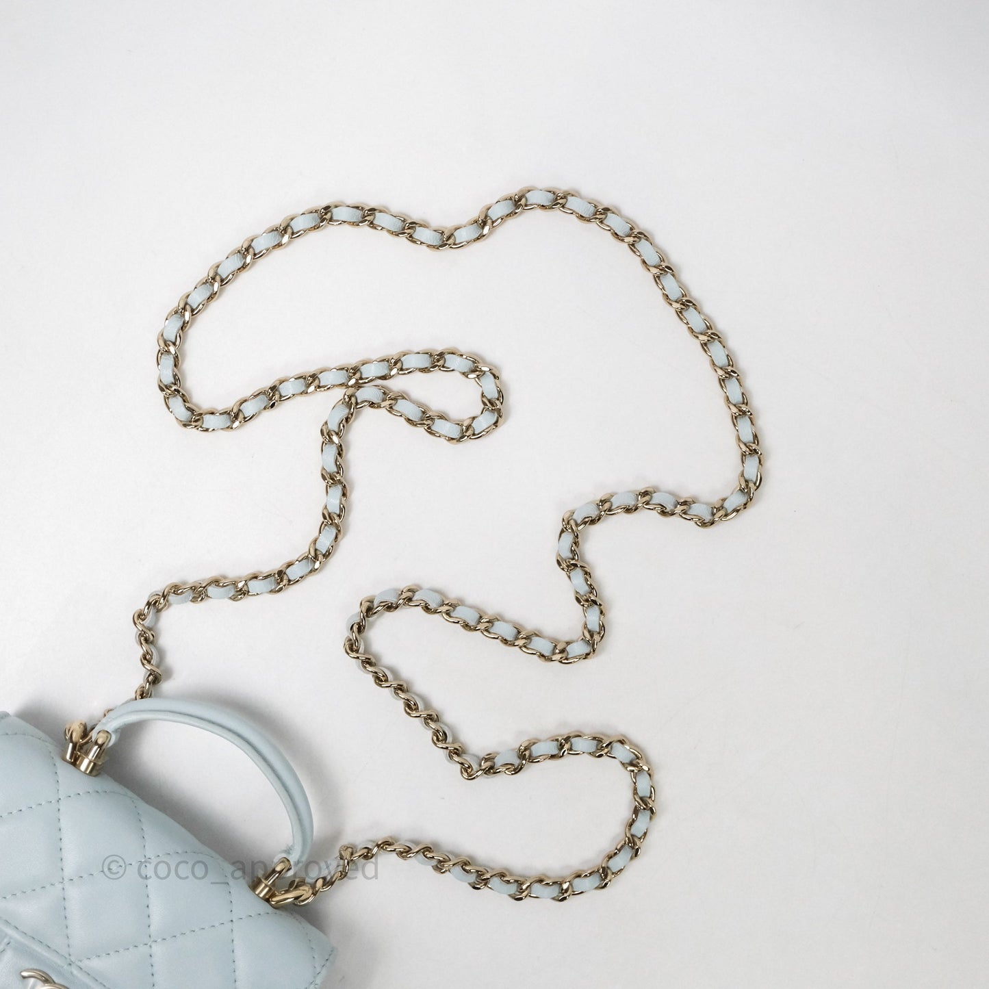 Chanel Mini Handle Flap Coin Purse With Chain Light Blue Lambskin Gold Hardware