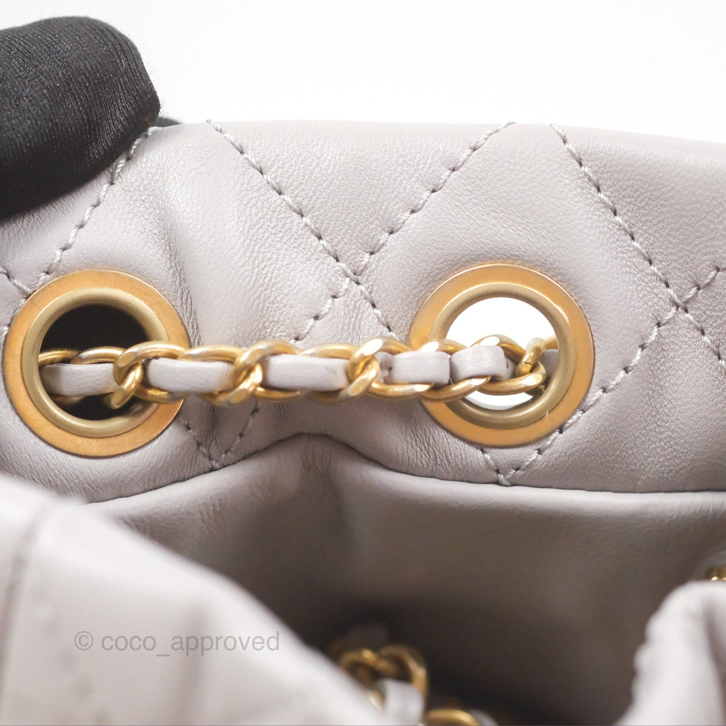 Chanel Pearl Crush Drawstring Bucket Bag Grey Lambskin Aged Gold Hardware
