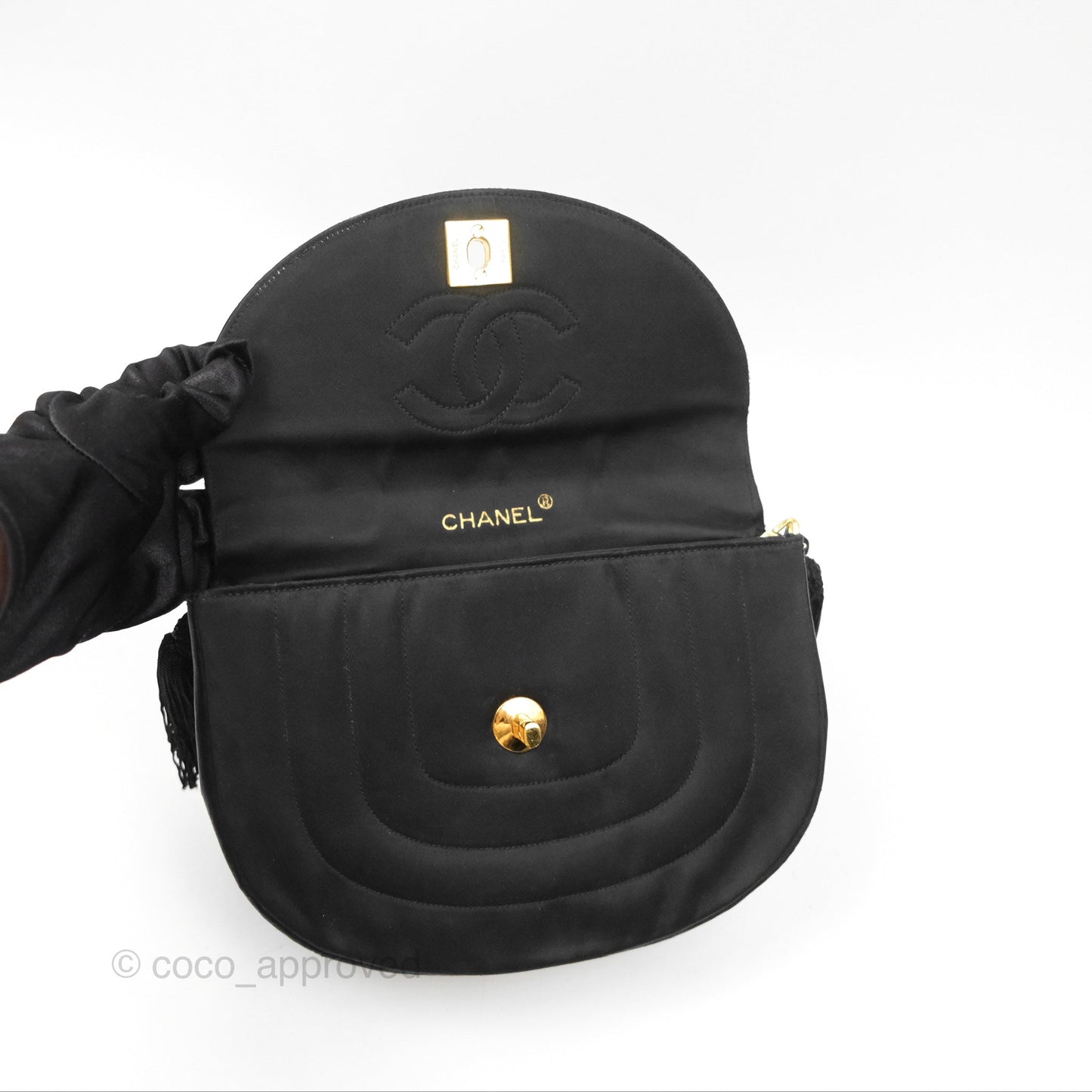 Chanel Vintage Half Moon Tassel Flap Black Satin 24K Gold Hardware
