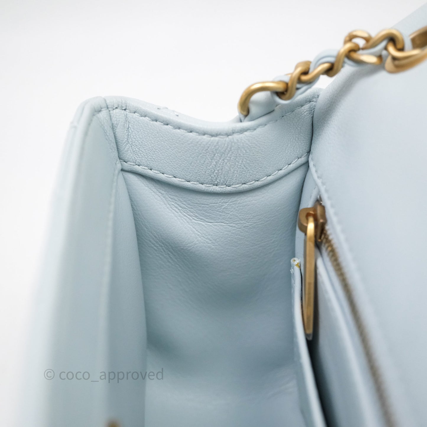 Chanel Pearl Crush Mini Rectangular Light Blue Lambskin Aged Gold Hardware