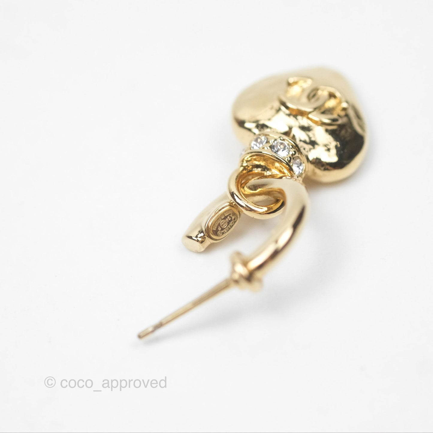 Chanel Heart CC Crystal Drop Hoop Earrings Gold Tone 24P