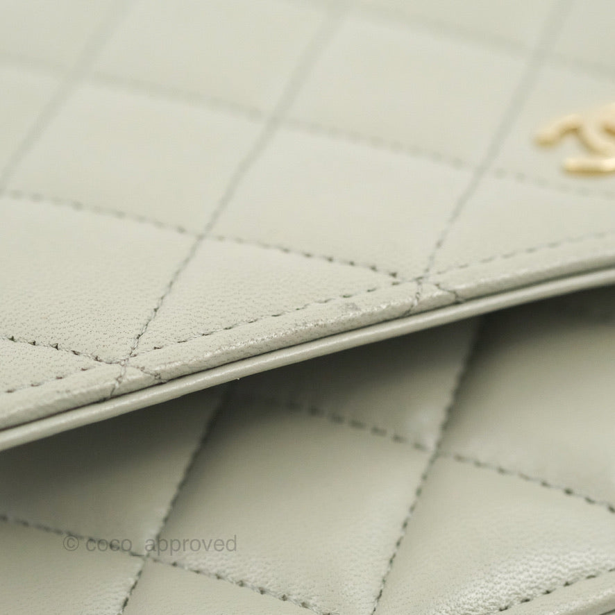 Chanel Quilted Classic Wallet on Chain WOC Light Grey Lambskin Gold Hardware