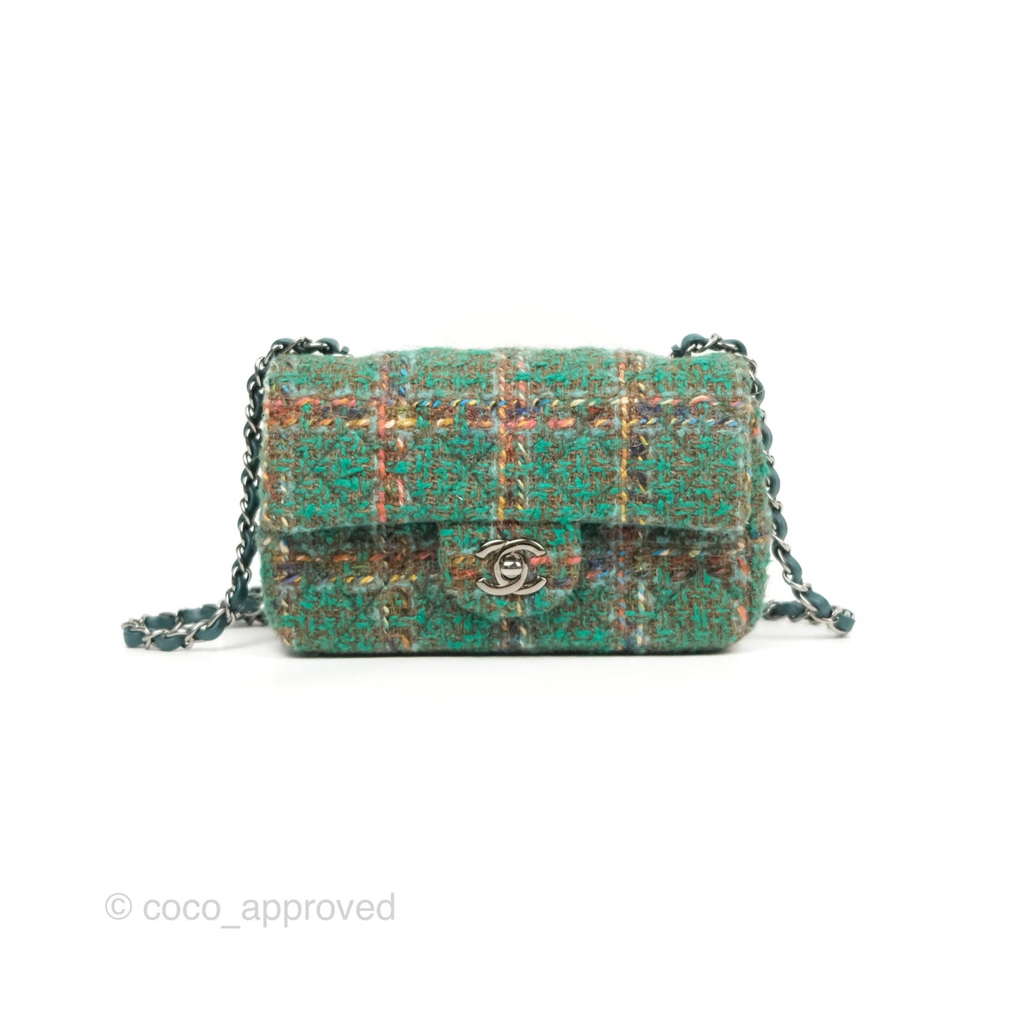 Chanel Mini Rectangular Flap Quilted Green Tweed Gun Metal 23A