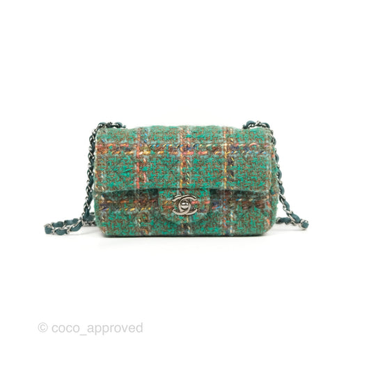Chanel Mini Rectangular Flap Quilted Green Tweed Gun Metal 23A