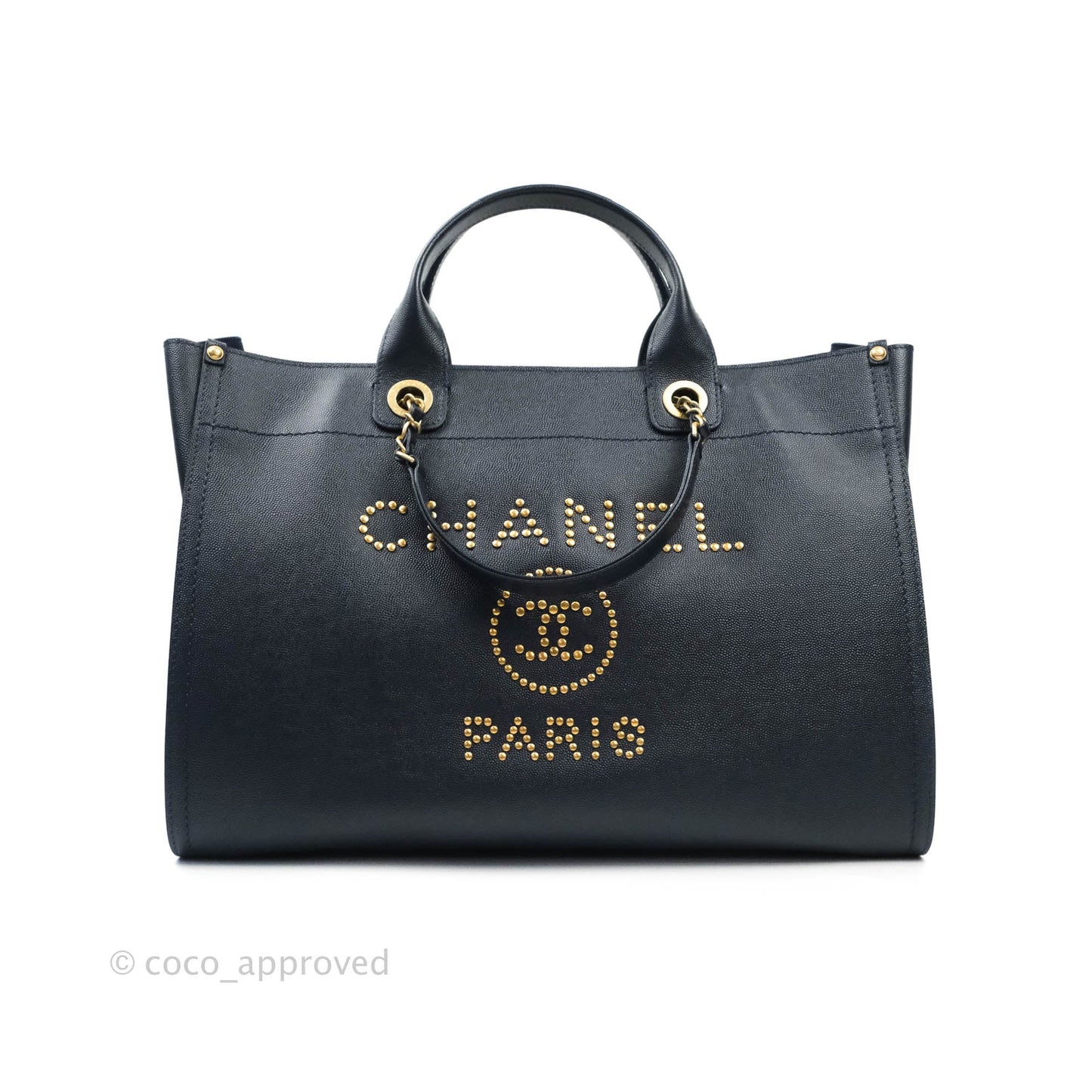 Chanel Medium Studded Navy Caviar Deauville Shopping Bag Aged Gold Hardware