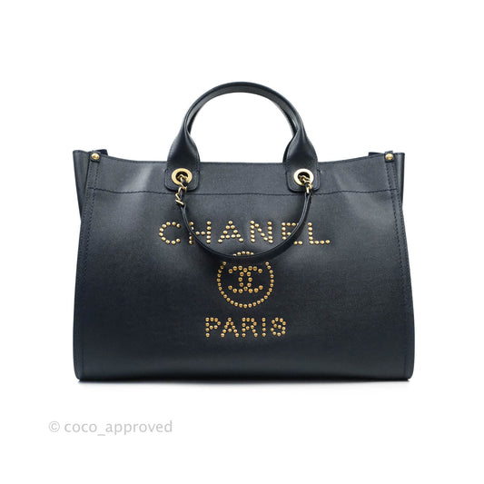 Chanel Medium Studded Navy Caviar Deauville Shopping Bag Aged Gold Hardware
