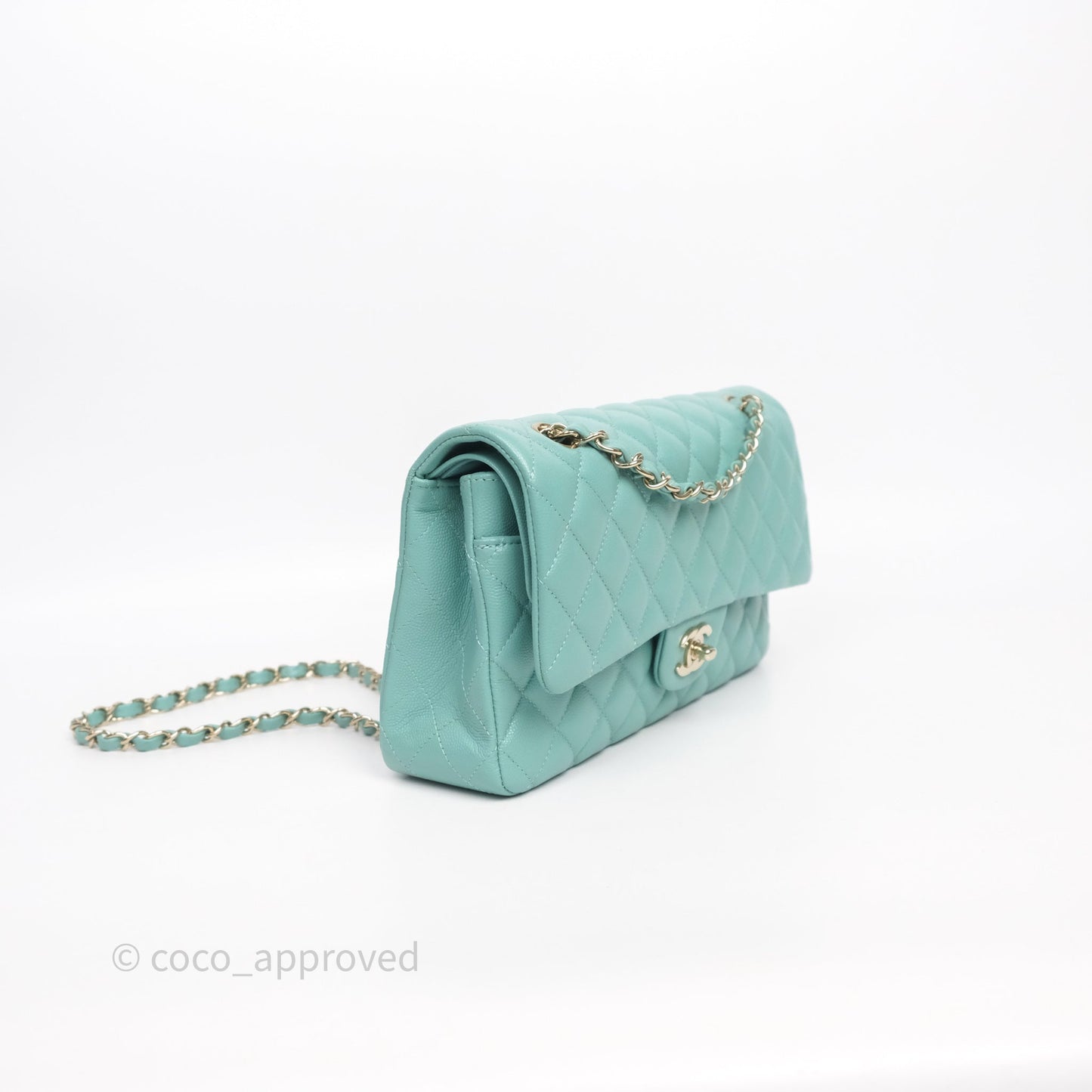 Chanel Classic M/L Medium Flap Quilted Tiffany Green Caviar Gold Hardware