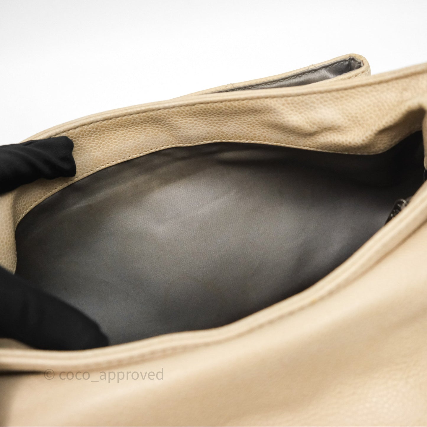 Chanel Quilted Coco Rider Hobo Bag Beige Caviar Ruthenium Hardware