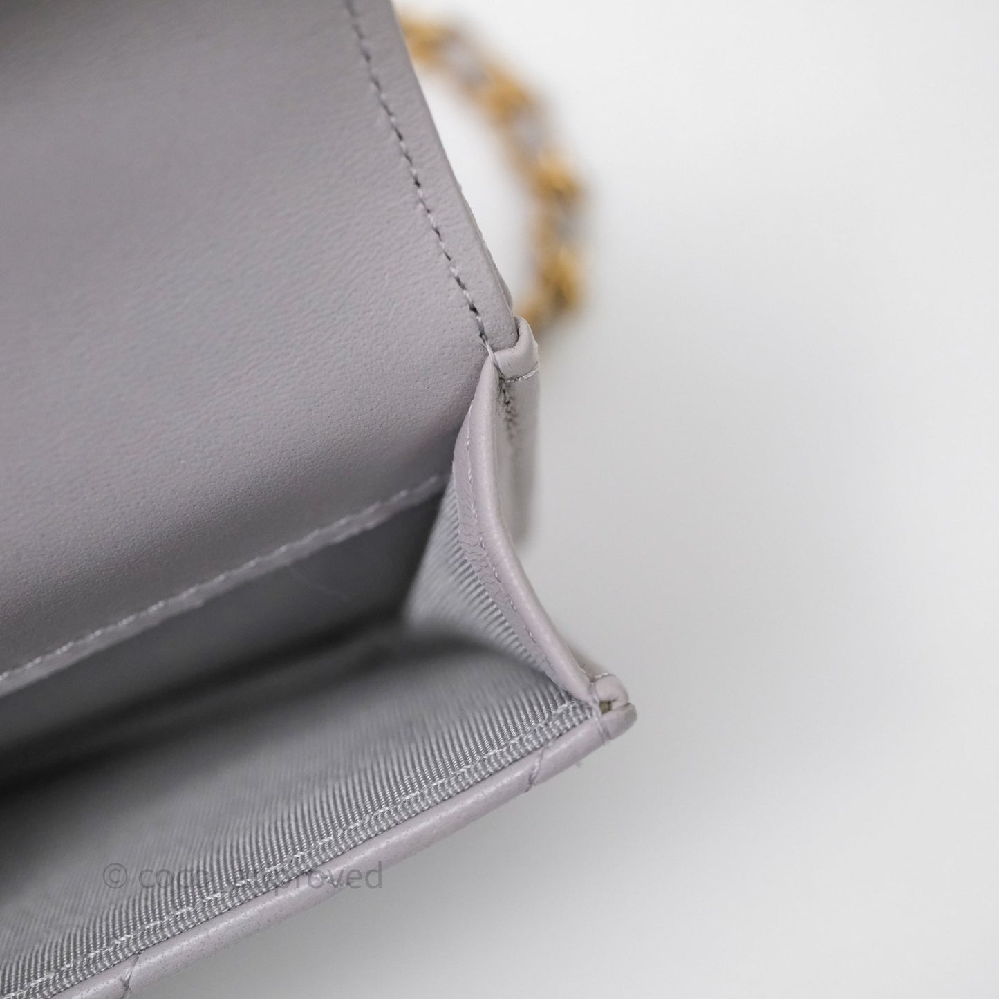 Chanel Mini Handle Flap Coin Purse With Chain Grey Lambskin Aged Gold Hardware