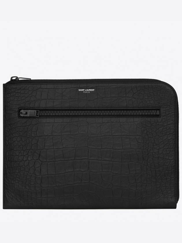 Luxury Saint Laurent Zipper Detail Logo Crocodile Clutch Bag Black