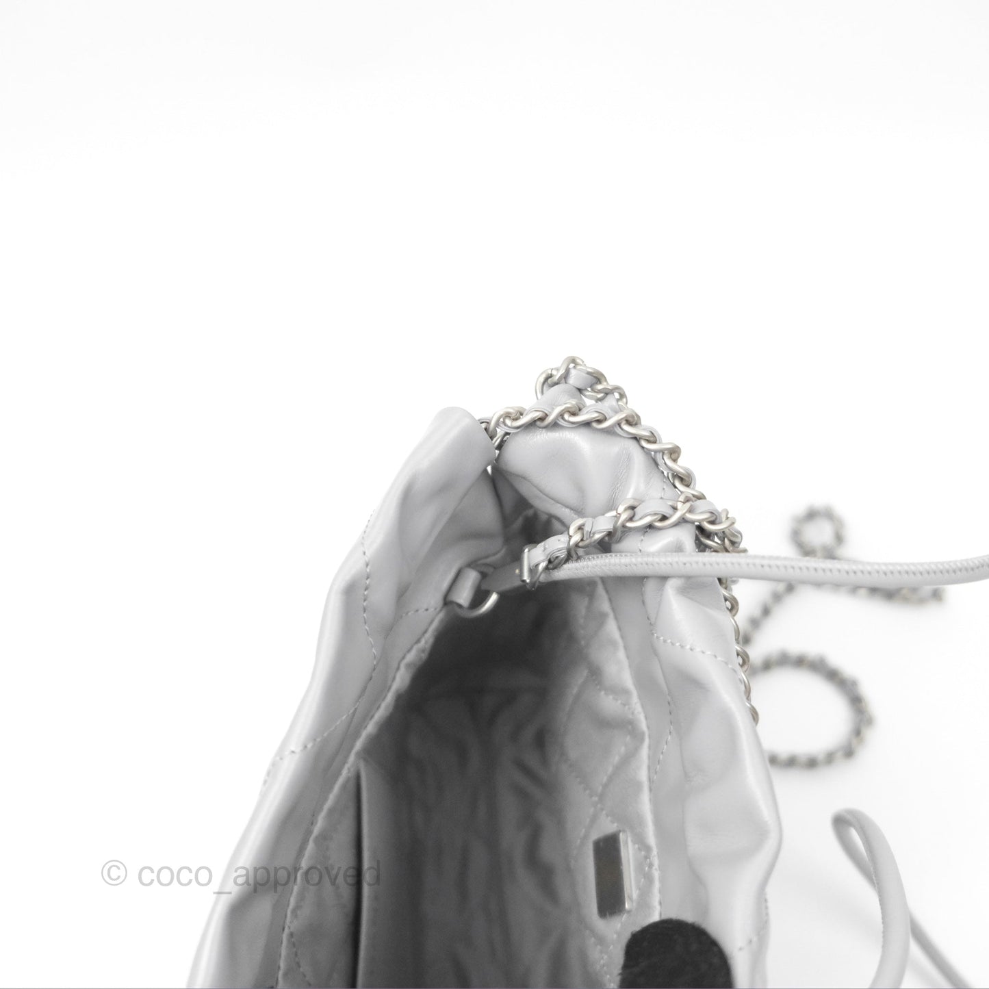 Chanel 22 Mini Bag Light Grey Shiny Crumpled Calfskin Matte Silver Hardware
