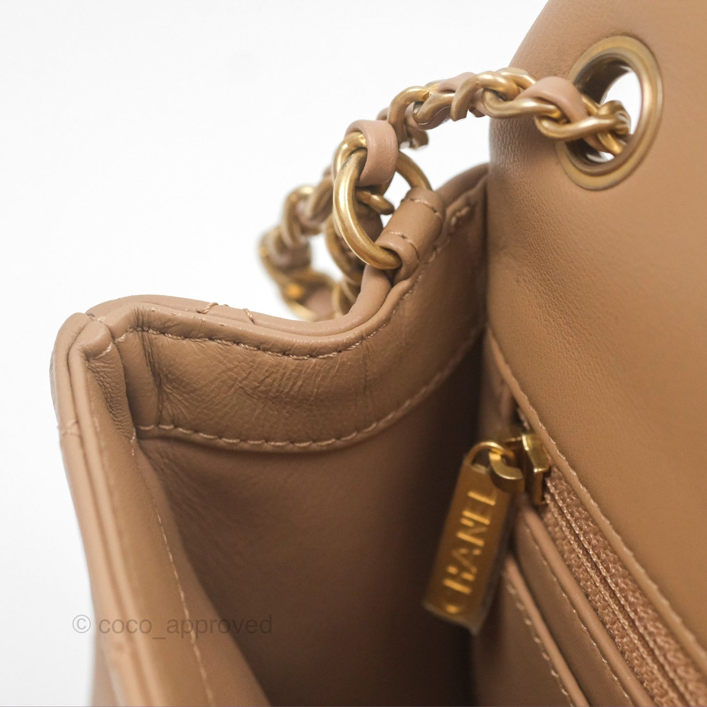 Chanel Mini Rectangular Pearl Crush Quilted Beige Lambskin Aged Gold Hardware
