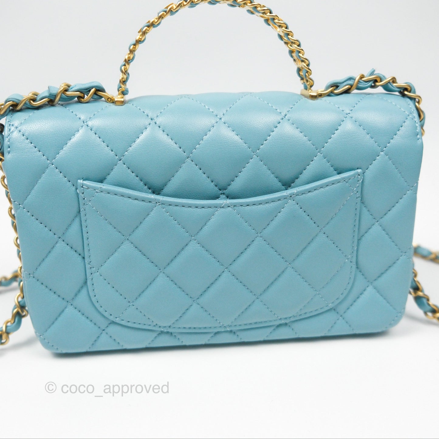 Chanel Flap Bag with Crystal Logo Top Handle Tiffany Blue Lambskin Aged Gold Hardware