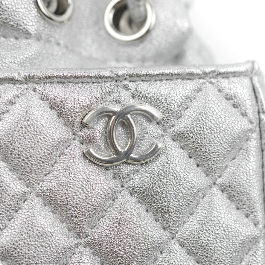 Chanel Mini Drawstring Bucket Bag with Chain Metallic Silver Calfskin Silver Hardware