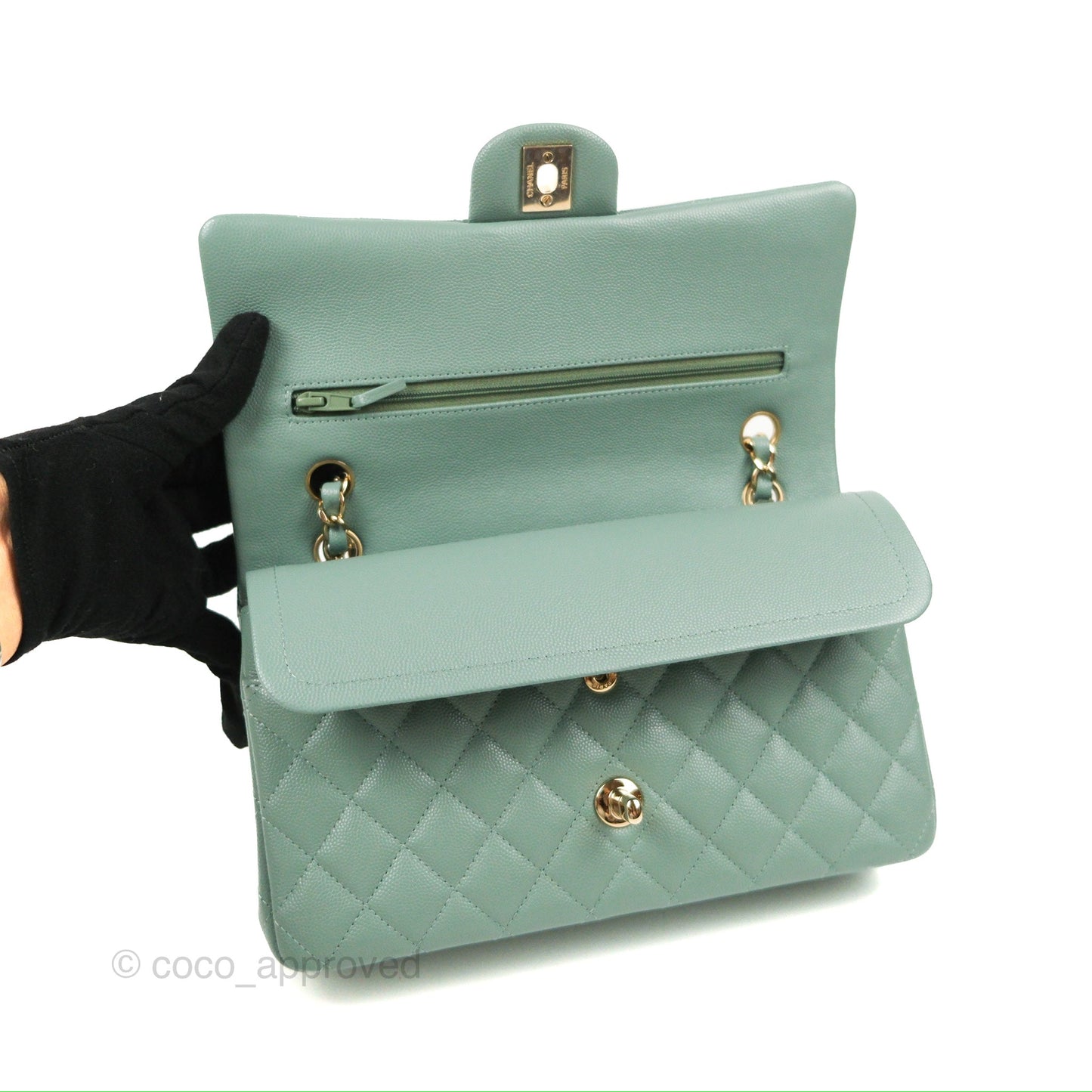 Chanel Classic M/L Medium Flap Quilted Tiffany Green Caviar Gold Hardware