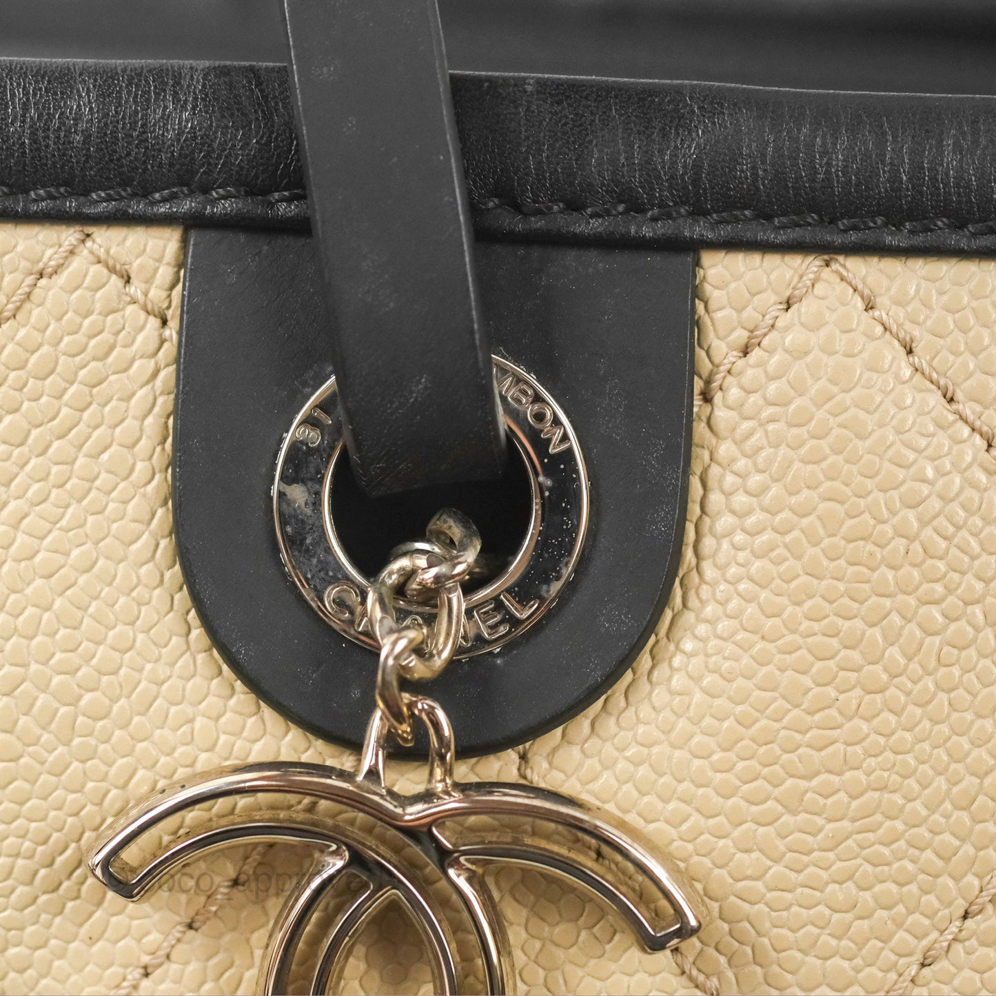 Chanel Large Fever Shopping Tote Quilted Beige Black Caviar
