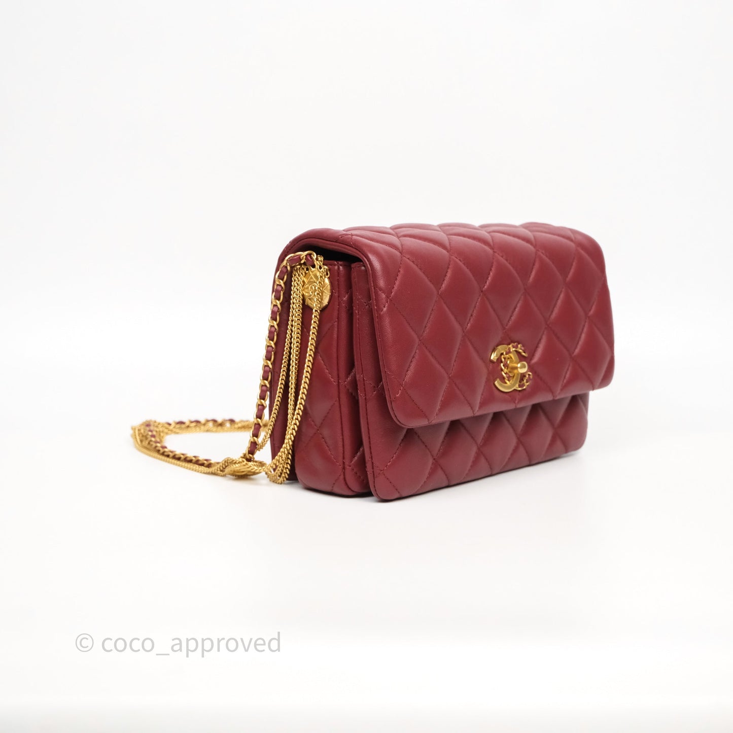 Chanel Quilted Accordion Flap Bag with Button on Chain Burgundy Lambskin Aged Gold Hardware 22A