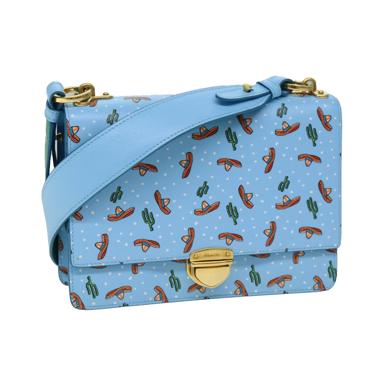 Luxury PradaShoulder Bag Safiano leather Light Blue 77474