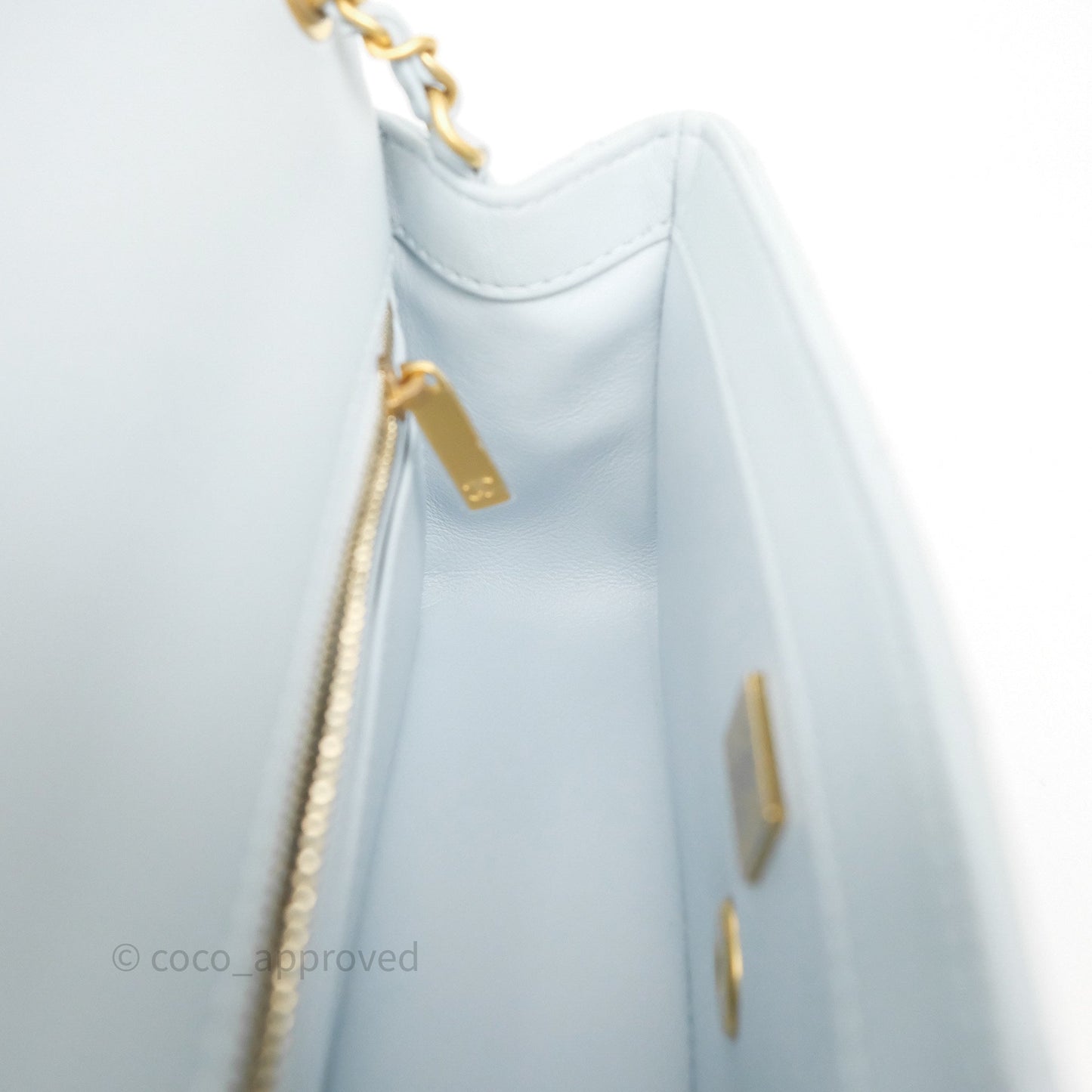 Chanel Pearl Crush Mini Rectangular Light Blue Lambskin Aged Gold Hardware