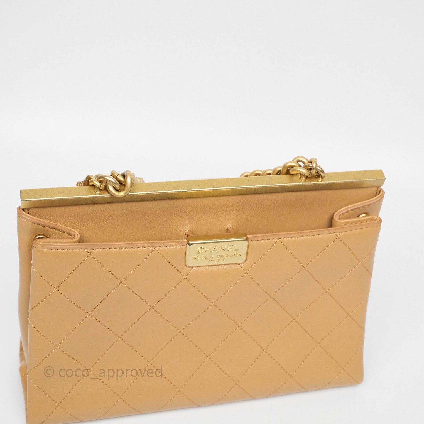 Chanel Small Coco Luxe Flap Bag Caramel Beige Calfskin Aged Gold Hardware