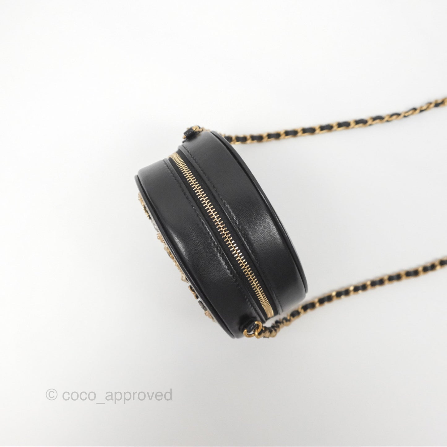 Chanel Studded CC Round Clutch With Chain Black Lambskin Gold Hardware