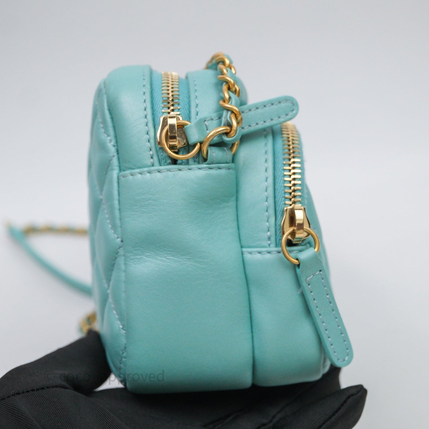 Chanel Camera Bag Quilted Pearly Turquoise Lambskin Aged Gold Hardware