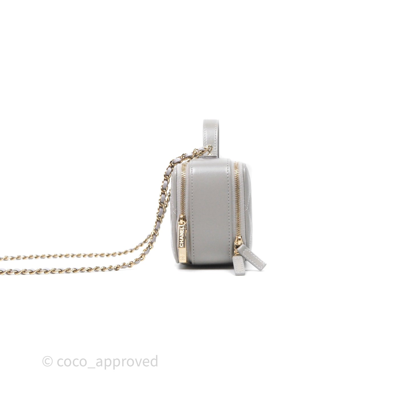Chanel Mini Top Handle Camera Case Grey Shiny Calfskin Gold Hardware 22B