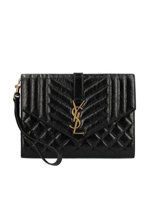 Luxury Saint Laurent Monogram Envelope Flap Leather Clutch Bag Black