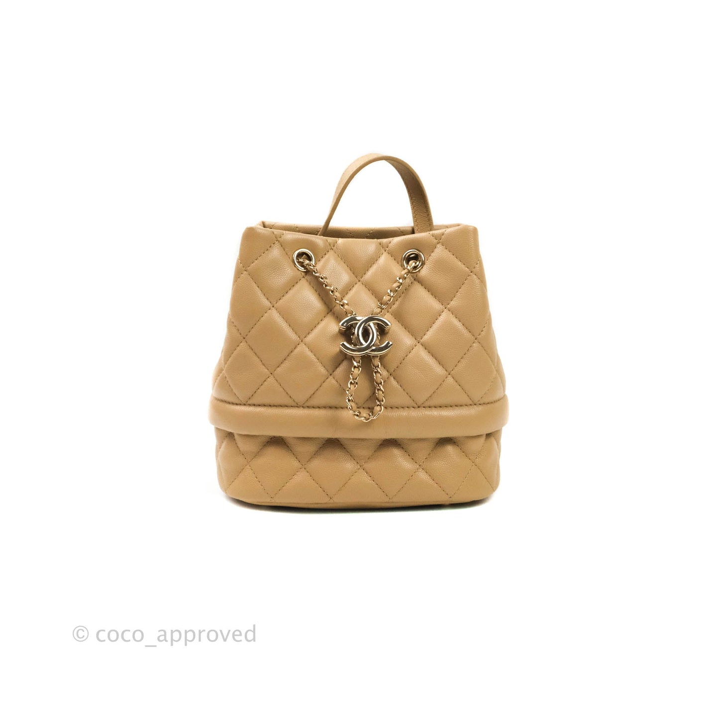 Chanel Caviar Quilted Rolled Up Bucket Drawstring Bag Beige Gold Hardware