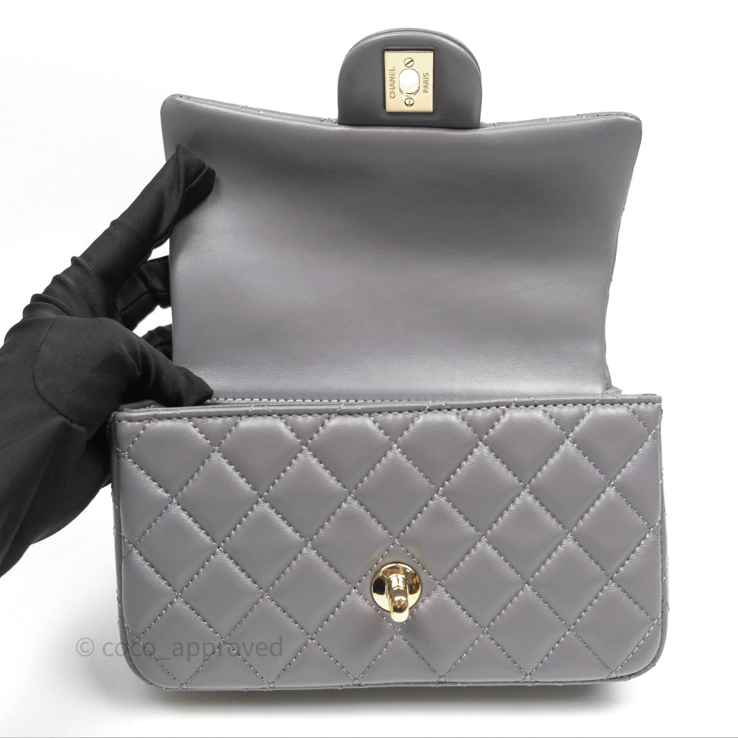Chanel Top Handle Mini Rectangular Flap Grey Lambskin Gold Hardware