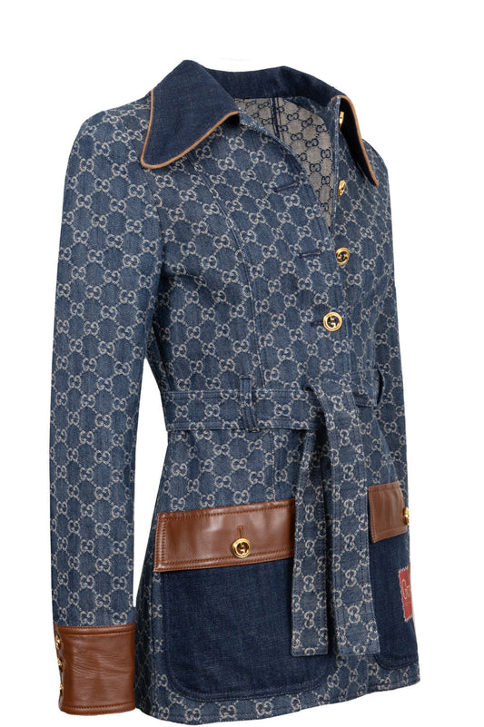 Luxury Gucci Trending 2025 Jacquard GG Leather Detail Denim Jacket