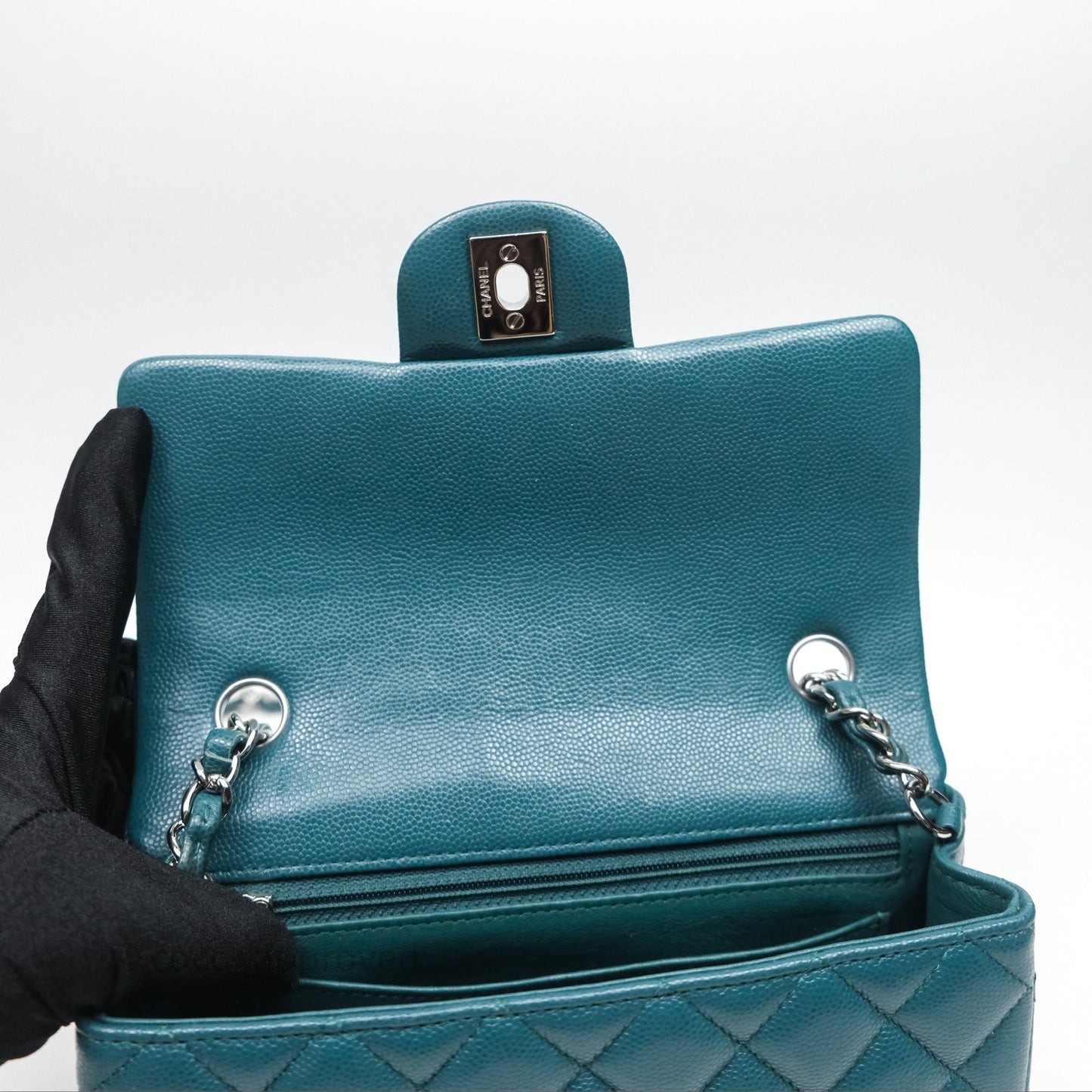 Chanel Quilted Mini Rectangular Green Caviar Silver Hardware