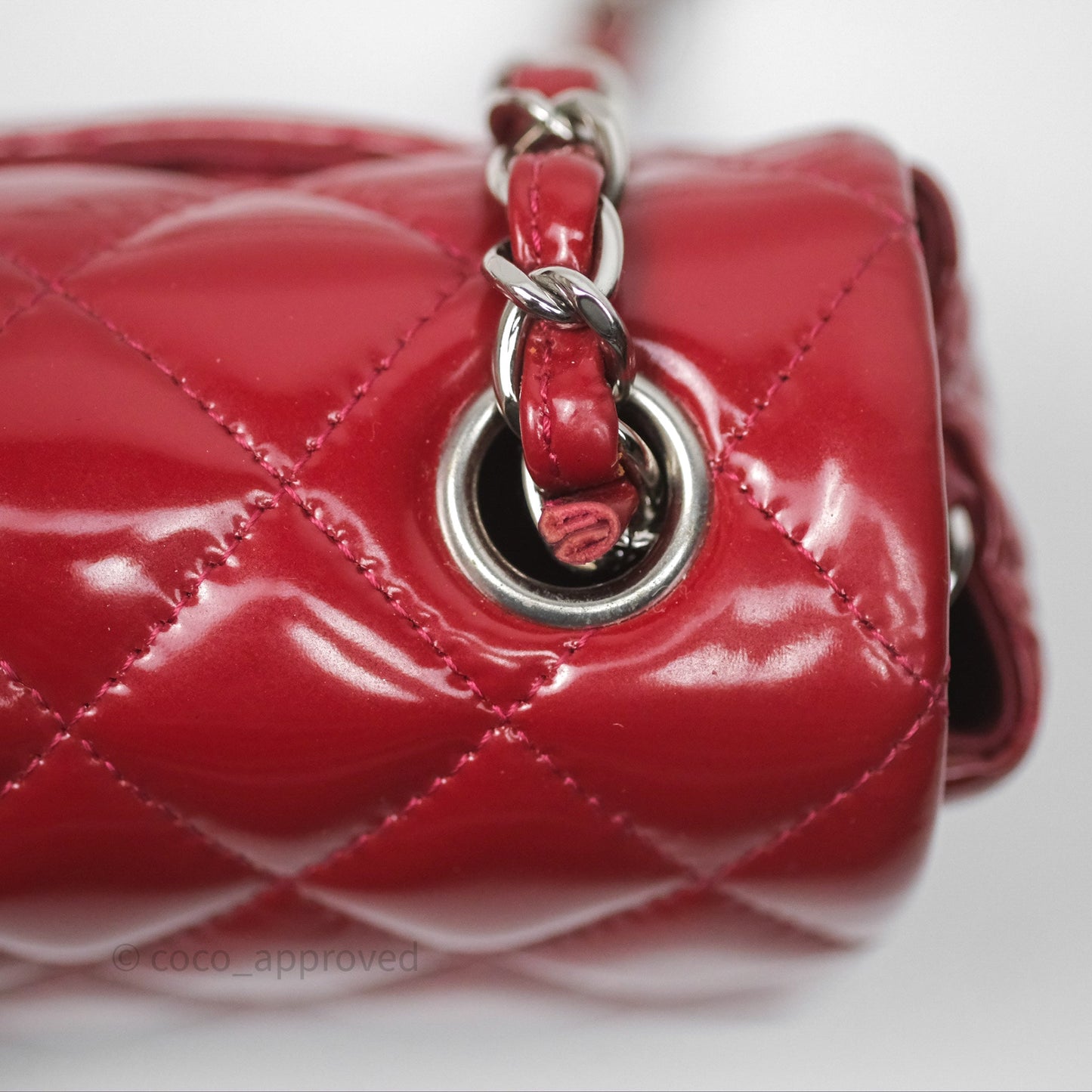 Chanel Quilted Mini Rectangular Flap Red Patent Silver Hardware