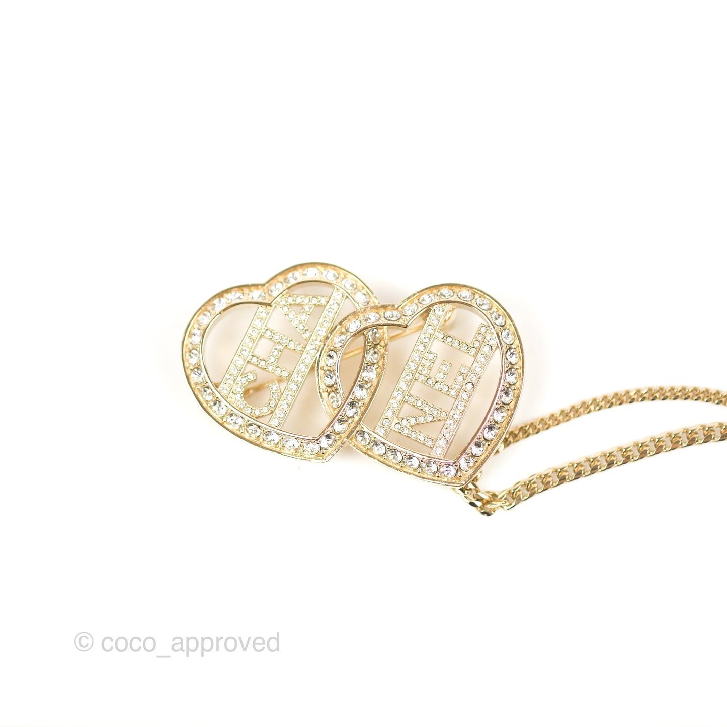 Chanel Crystal Heart Logo CC Brooch Gold Tone 23B