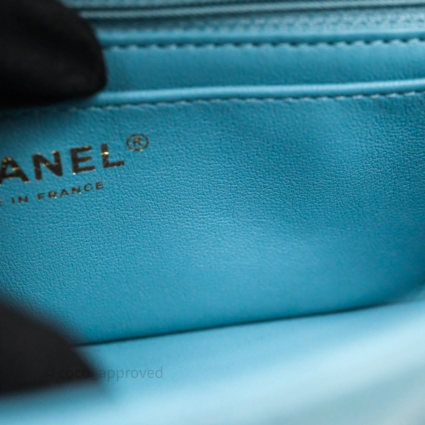 Chanel Flap Bag with Crystal Logo Top Handle Tiffany Blue Lambskin Aged Gold Hardware