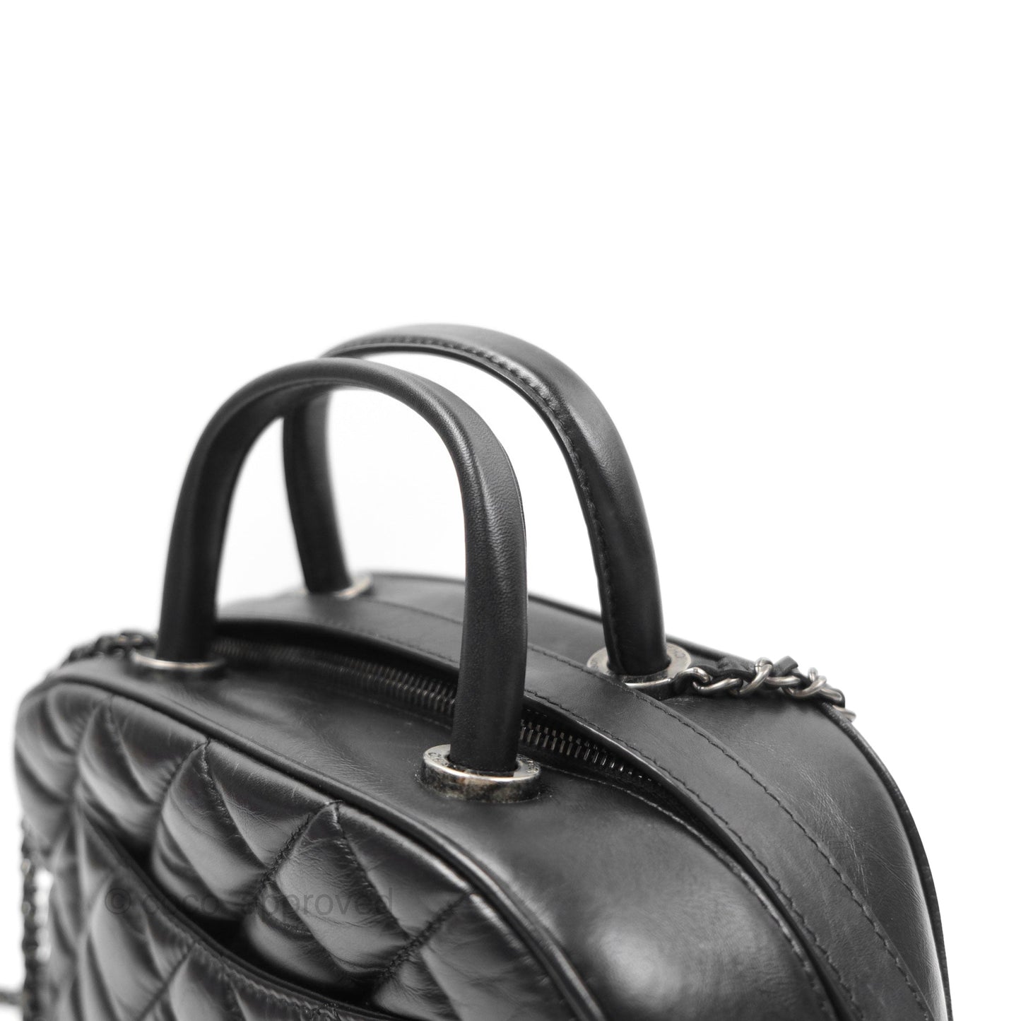 Chanel Quilted Small Handle Bowling Bag Black Aged Calfskin Ruthenium Hardware