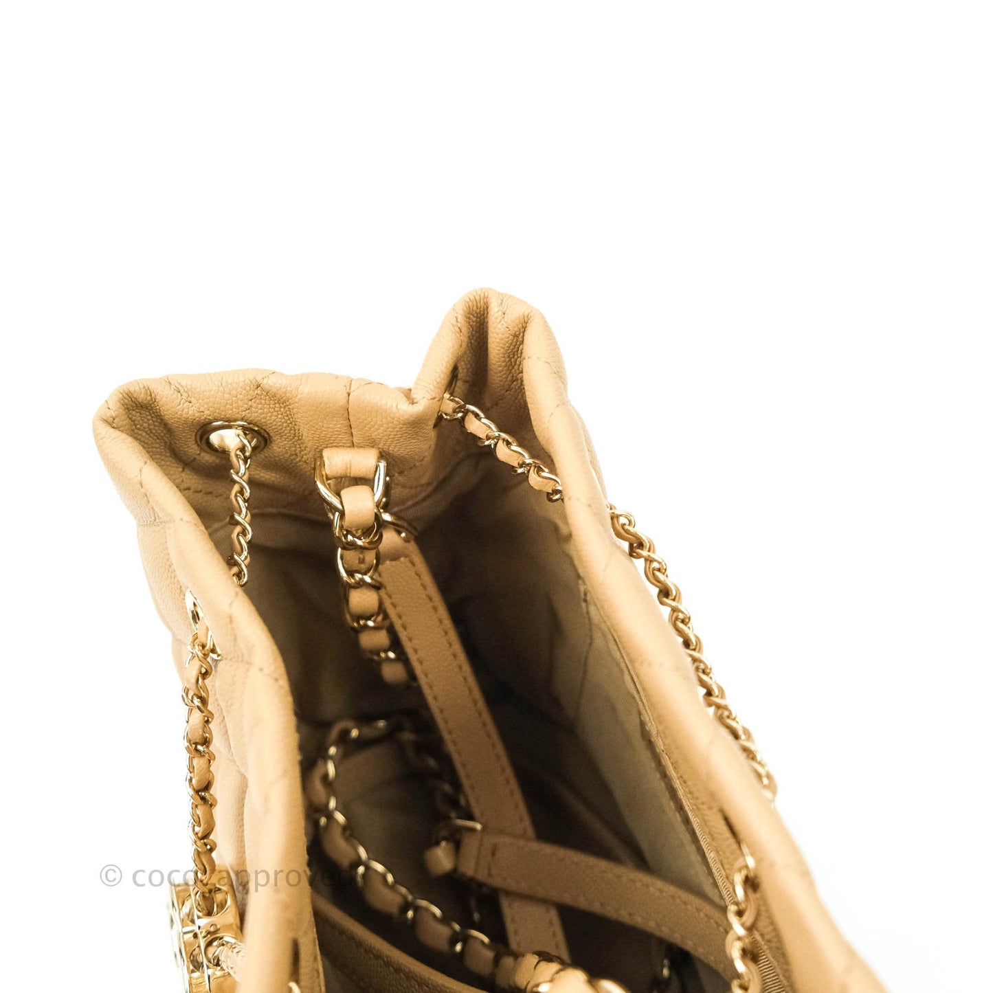 Chanel Caviar Quilted Rolled Up Bucket Drawstring Bag Beige Gold Hardware 19B