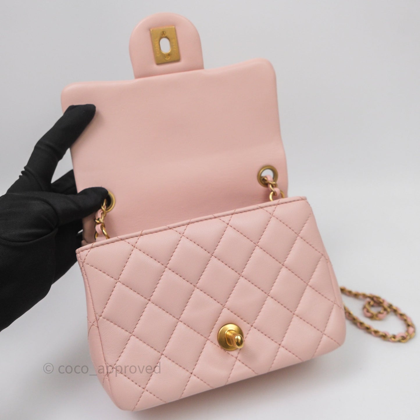 Chanel Pearl Crush Mini Square Quilted Pink Lambskin Aged Gold Hardware