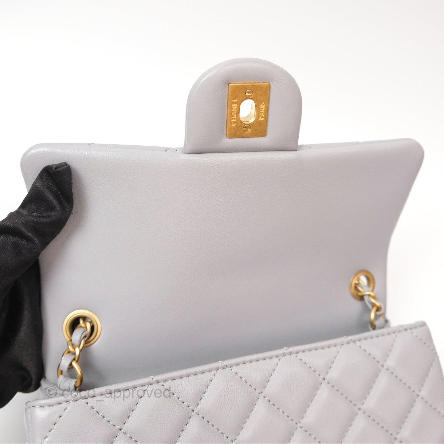 Chanel Pearl Crush Mini Rectangular Grey Lambskin Aged Gold Hardware