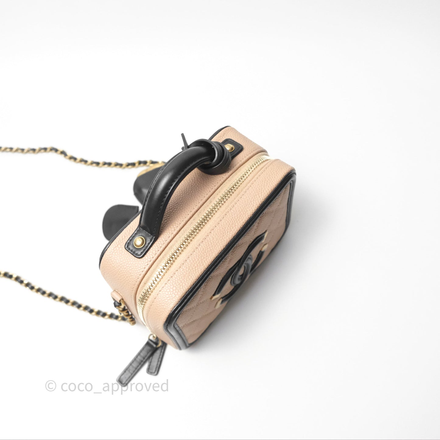 Chanel Quilted Small CC Filigree Vanity Case Beige Black Caviar Gold Hardware