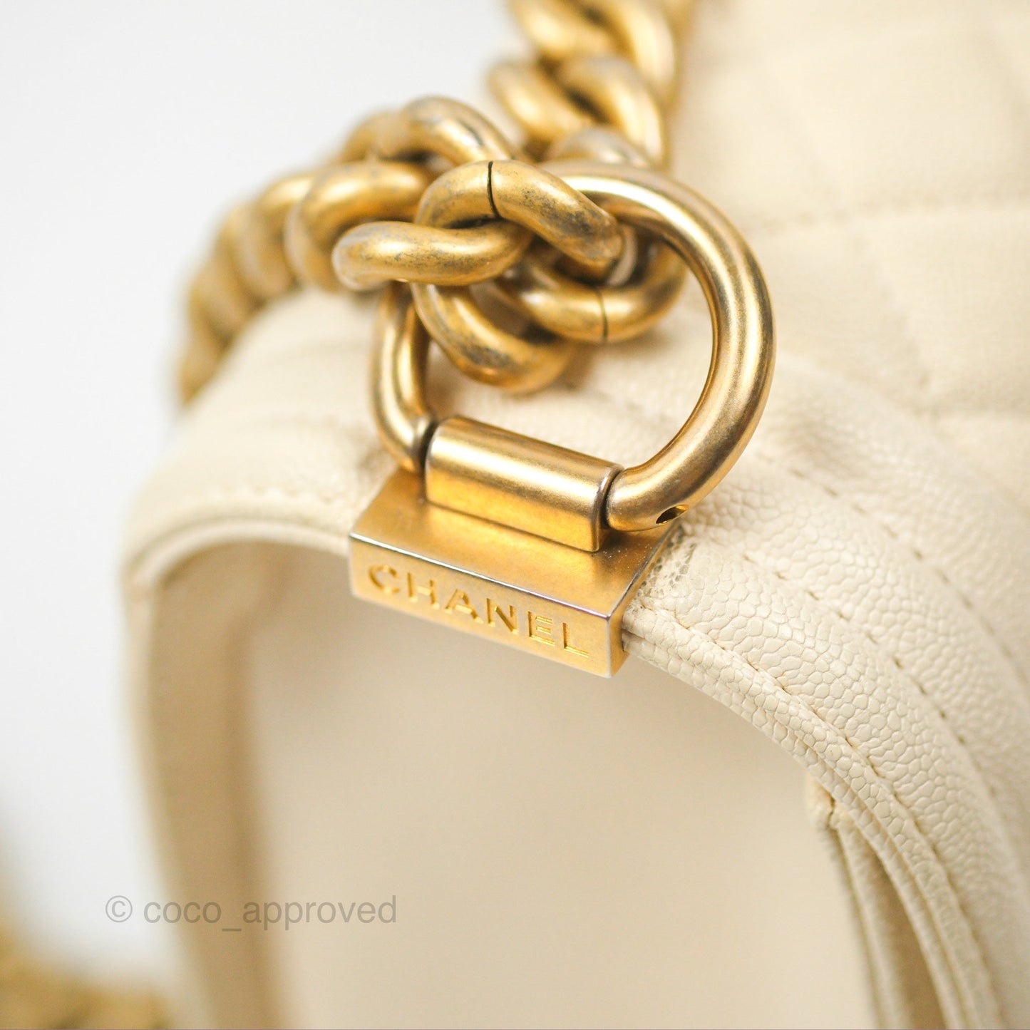 Chanel Medium Boy Quilted Ivory Caviar Aged Gold Hardware