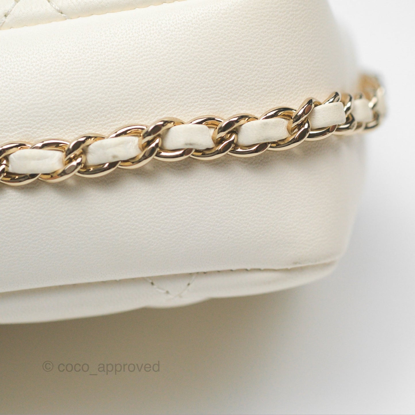 Chanel Small Logo Pearl Chain Flap Bag White Lambskin Gold Hardware