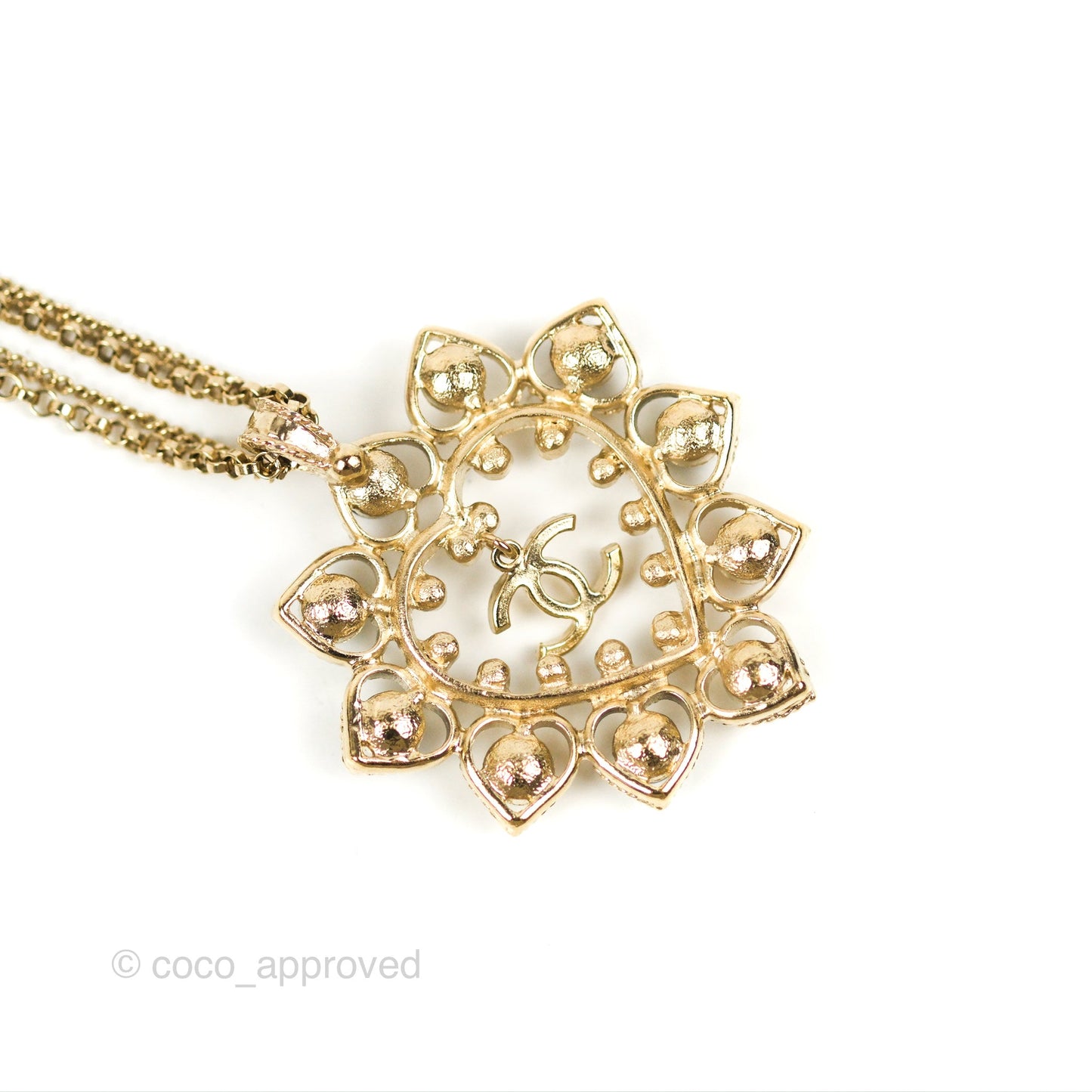 Chanel Heart Pearl CC Stone Pendant Necklace Gold Tone 19B
