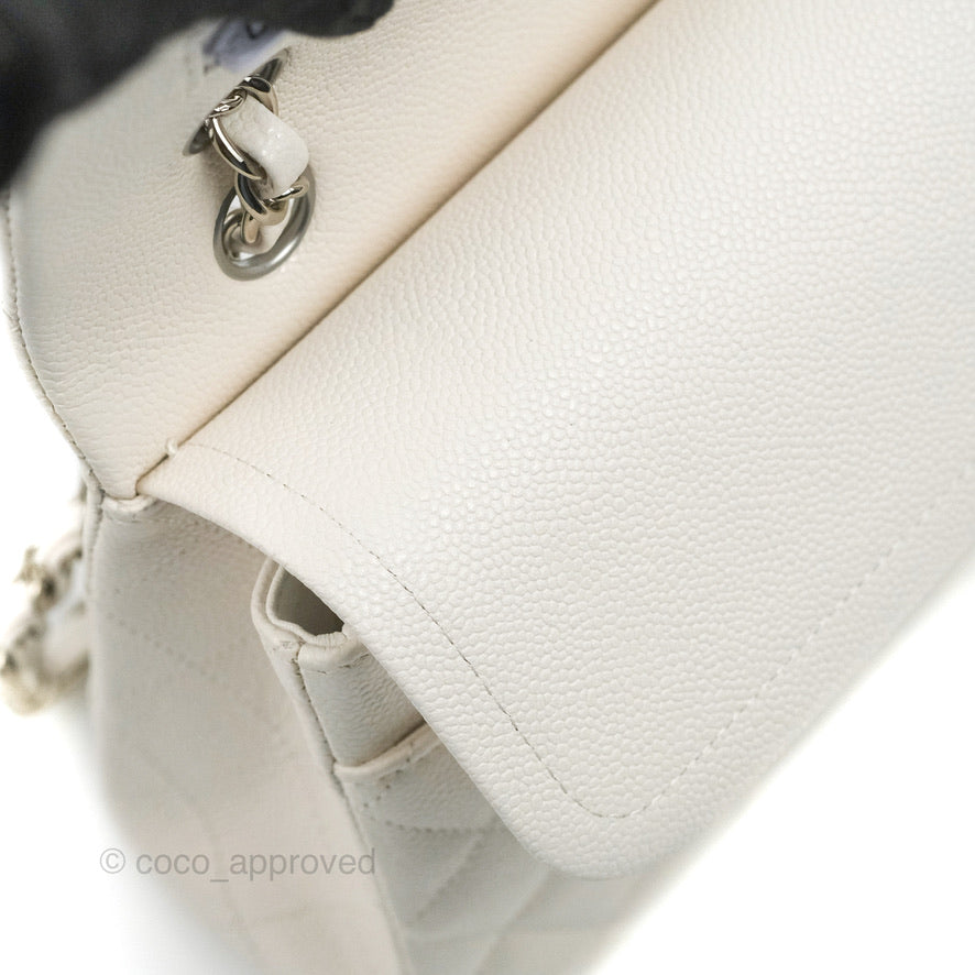 Chanel Classic M/L Medium Double Flap White Caviar Silver Hardware
